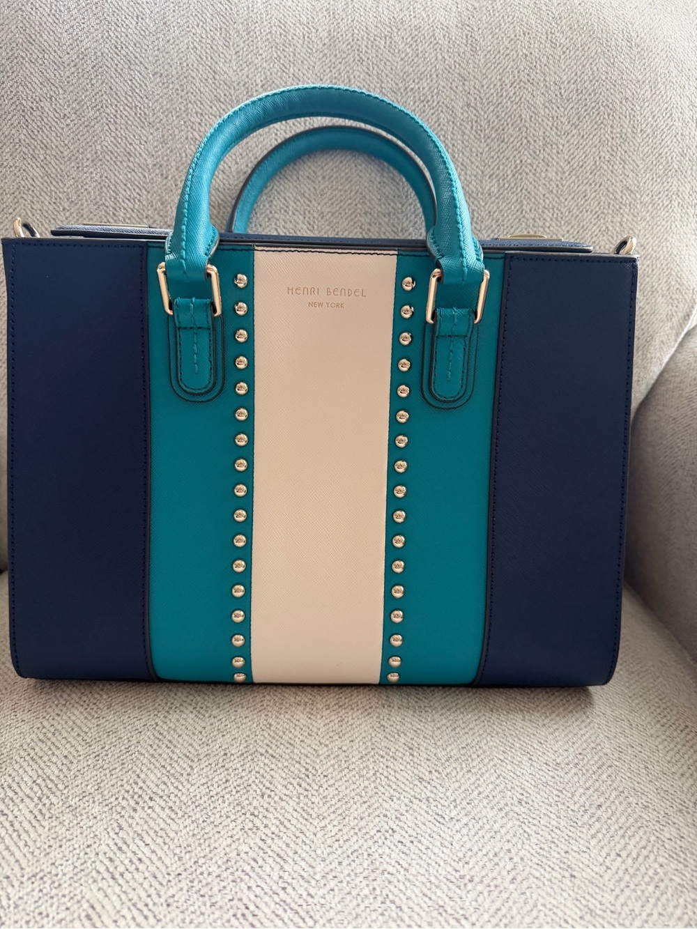 henri bendel west 57th Turnlock Teal, Navy & Cream Studded Structured Satche